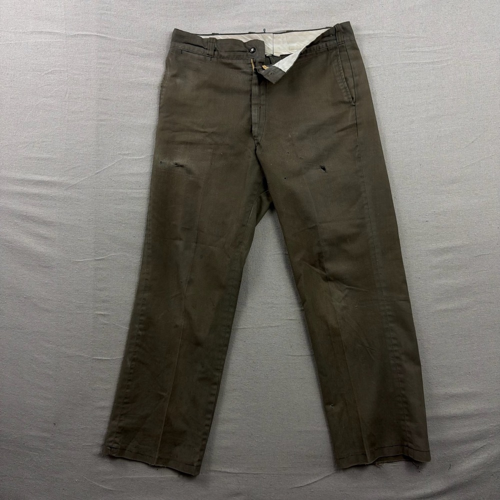 Sears Perma-Prest Work Trousers Mens 32x26 Olive Green Distressed Vintage 70s